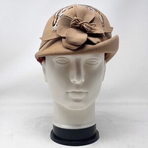 Adolfo II‎ Vintage 60s70s Cloche Flower Feather Tan Camel Wool Retro 20s Preppy